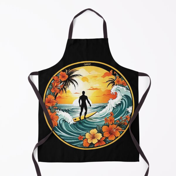 Artikelvorschau, Surfer-Silhouette bei Sonnenuntergang, umgeben von hawaiianischen Orchideen entworfen und verkauft von NautiChic.