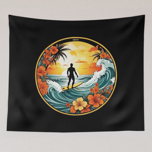 Item preview, Surfer Silhouette at Sunset surrounded by Hawaiian Orchids designed and sold by NautiChic.