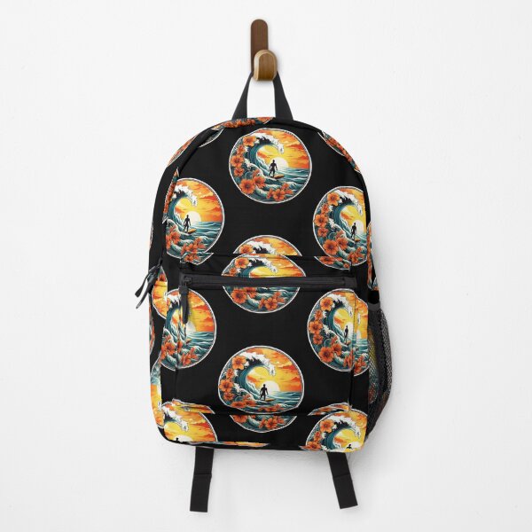Item preview, Big Wave Surfer Silhouette at Sunset surrounded by Hawaiian Orchids designed and sold by NautiChic.