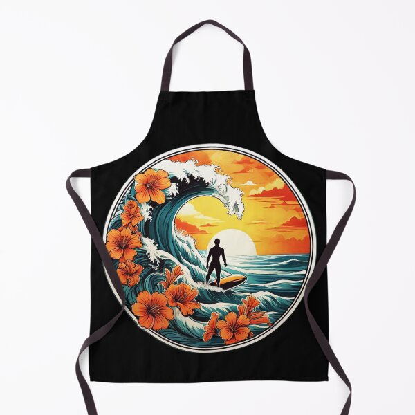 Artikelvorschau, Big Wave Surfer Silhouette bei Sonnenuntergang umgeben von hawaiianischen Orchideen entworfen und verkauft von NautiChic.