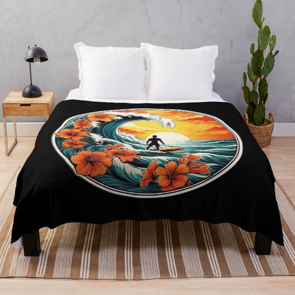 Artikelvorschau, Big Wave Surfer Silhouette bei Sonnenuntergang umgeben von hawaiianischen Orchideen entworfen und verkauft von NautiChic.