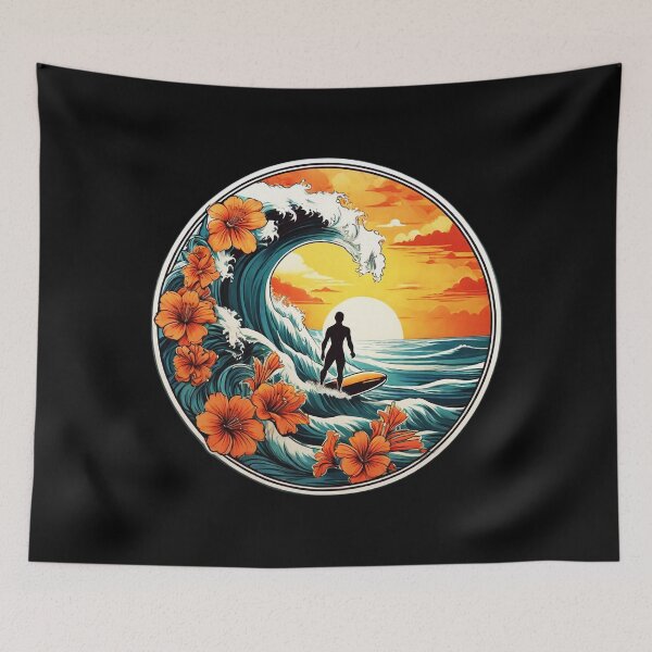 Item preview, Big Wave Surfer Silhouette at Sunset surrounded by Hawaiian Orchids designed and sold by NautiChic.