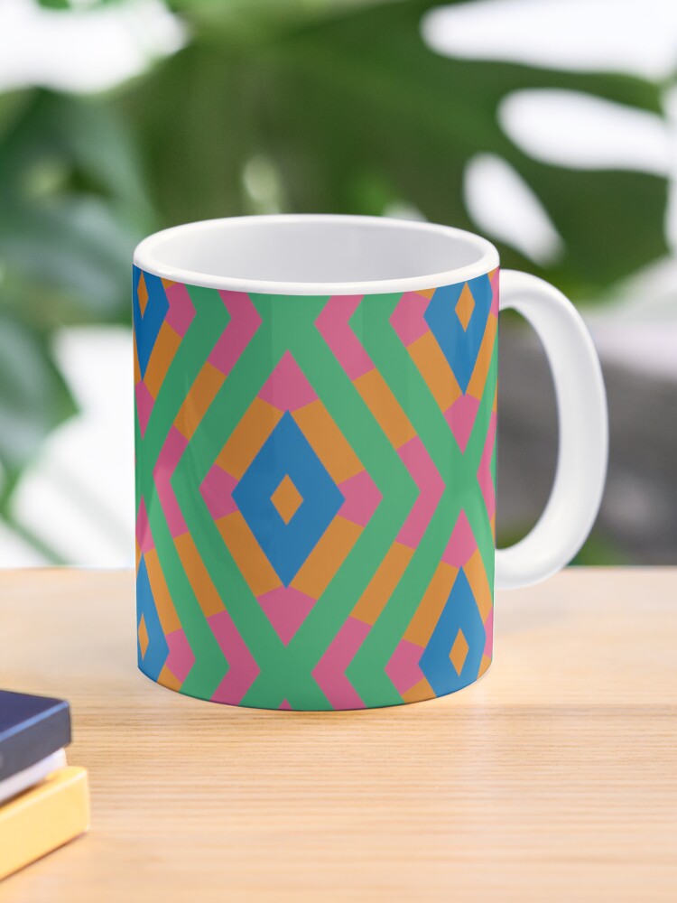 Coffee Mug, Geometric Maximalist Rainbow Colorful Diamonds And Zigzags designed and sold by Triplicate Limited