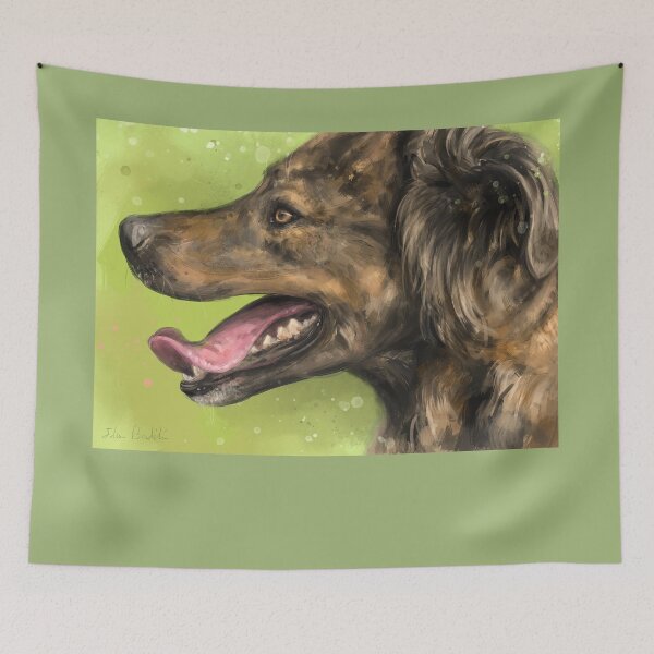Item preview, Painting of a Brown Brindle Long Hair Dutch Shepherd with its Tongue Out on Green Background designed and sold by ibadishi.