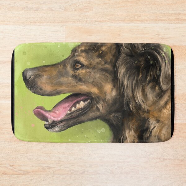 Item preview, Painting of a Brown Brindle Long Hair Dutch Shepherd with its Tongue Out on Green Background designed and sold by ibadishi.