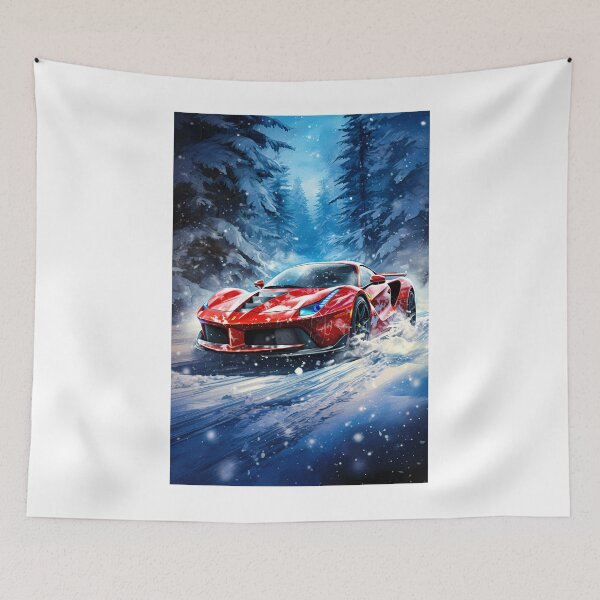 Item preview, Winter Wonderland Drive, Exclusive Red Supercar Art Print, Snowy Forest Adventure, Sports Car designed and sold by RevUpDesign.