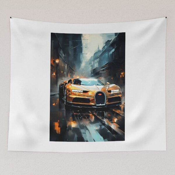 Item preview, Chiron Hypercar in Rainy City, High Performance Vehicle Canvas Art, Reflective Urban Scene designed and sold by RevUpDesign.
