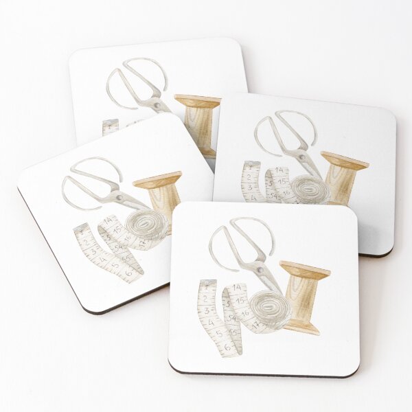 Item preview, set of scissors, empty spool of thread, measuring tape, can be used as a logo or individual elements, fashion and sewing, hand-drawn, watercolor illustration	 designed and sold by TanyaKremen.