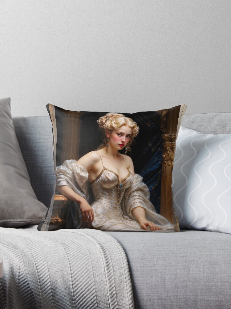 An Elegant Victorian Lady In A White Silk Dress AI Concept Art by Xzendor7 - A Captivating Beauty Of A Bygone Era 4 An Elegant Victorian Lady In A White Silk Dress Gorgeous AI Concept Art by Xzendor7 Decorative Portrait Art Throw Pillow