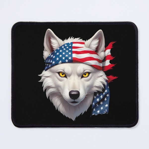Artikelvorschau, Kopf eines weißen Wolfs mit gelben Augen und einer amerikanischen Flagge entworfen und verkauft von Adelberton.
