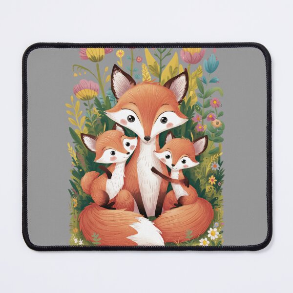 Item preview, A cartoon family of three foxes, a mother and two cubs, sitting in a field of flowers designed and sold by 123ks.