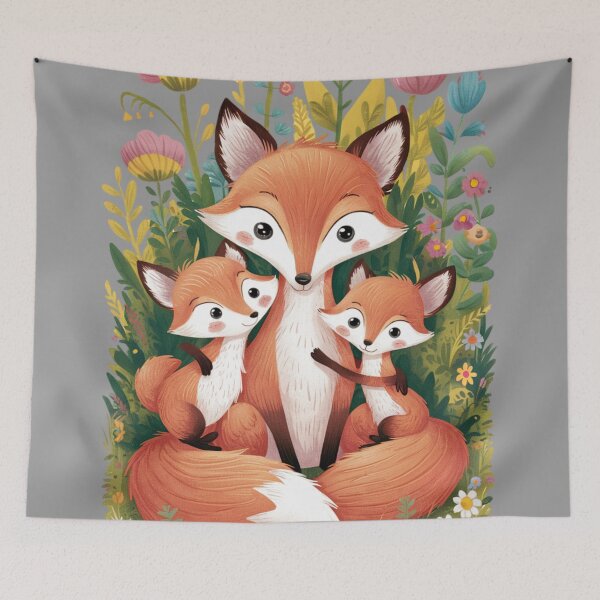 Item preview, A cartoon family of three foxes, a mother and two cubs, sitting in a field of flowers designed and sold by 123ks.
