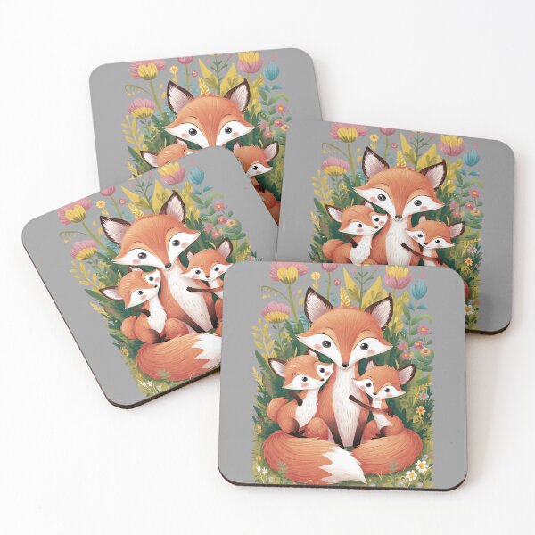 Item preview, A cartoon family of three foxes, a mother and two cubs, sitting in a field of flowers designed and sold by 123ks.