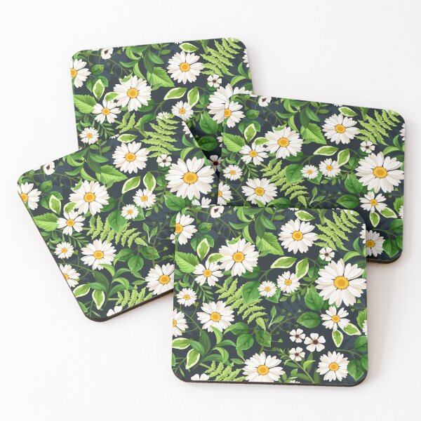 Item preview, Floral pattern with daisy flowers and green leaves on black. Forest floral print designed and sold by Naddya.