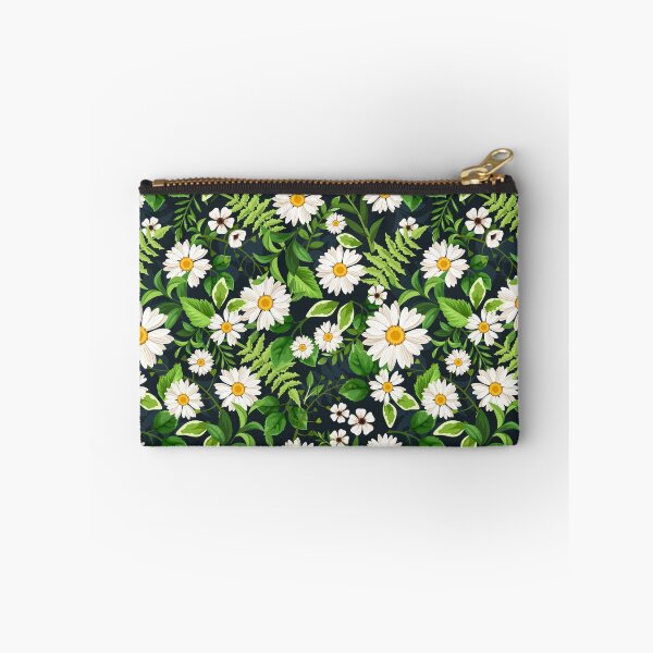 Item preview, Floral pattern with daisy flowers and green leaves on black. Forest floral print designed and sold by Naddya.