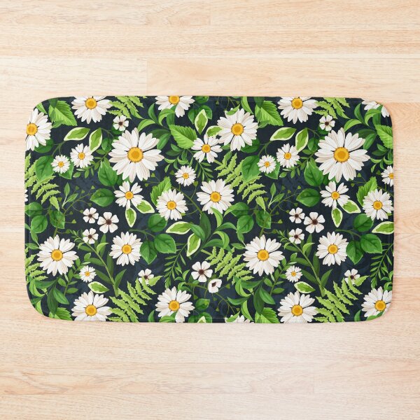 Item preview, Floral pattern with daisy flowers and green leaves on black. Forest floral print designed and sold by Naddya.