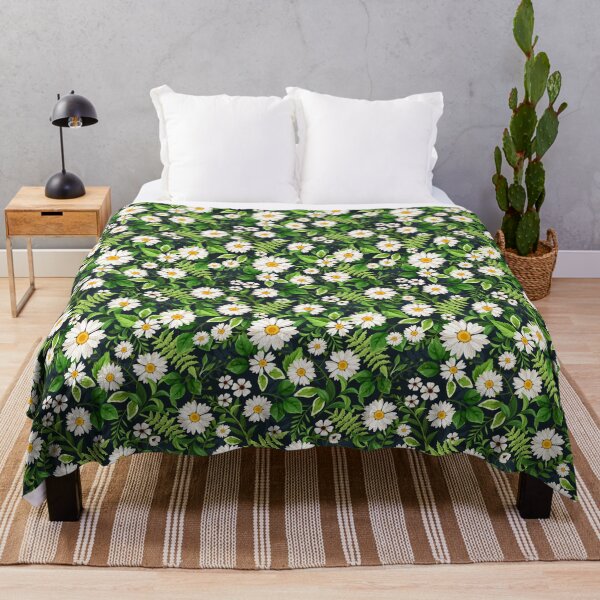 Item preview, Floral pattern with daisy flowers and green leaves on black. Forest floral print designed and sold by Naddya.