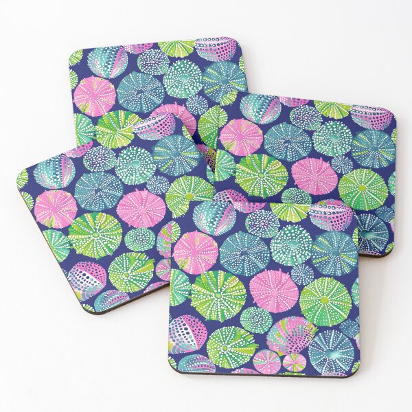 Item preview, Watercolor sea urchins in preppy colors on navy blue designed and sold by SophieClimaArt.
