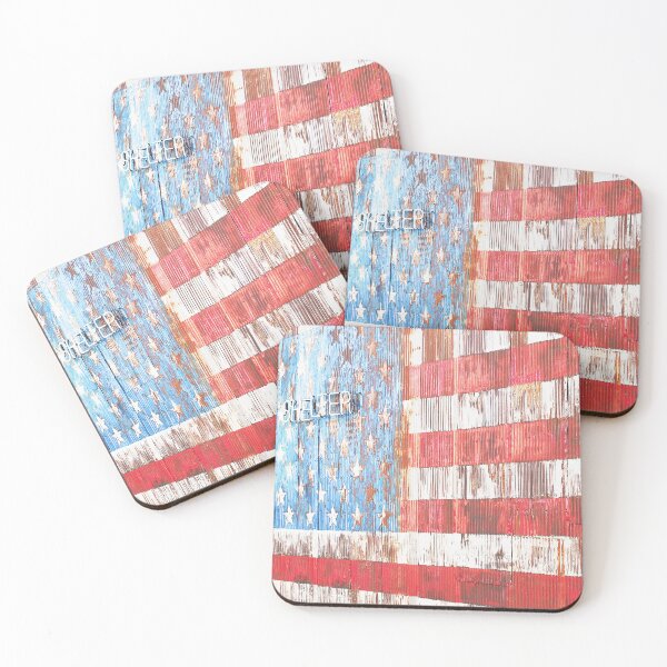 Item preview, New York, USA I American flag wall in rusted metal for US street art culture in Brooklyn and arty Williamsburg shelter with minimalist geometric lines and blue white red stars of the United States designed and sold by Julie Travel Photography.