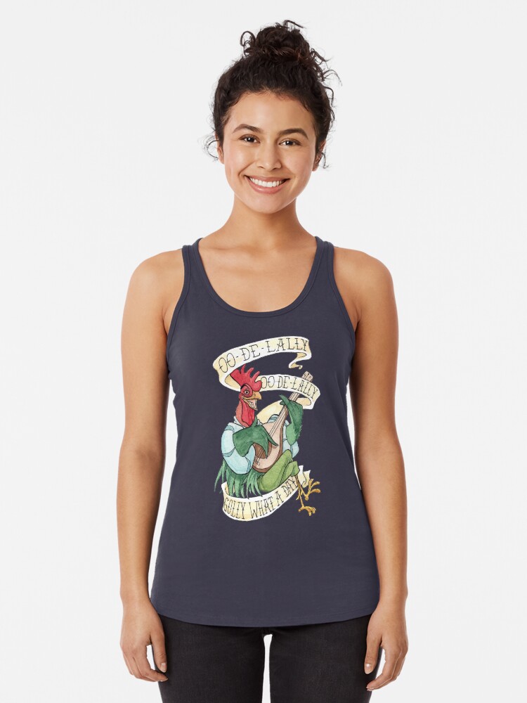 Thumbnail 1 of 3, Racerback Tank Top, Alan-A-Dale Rooster : OO-De-Lally Golly What A Day Tattoo Watercolor Painting Robin Hood designed and sold by Rvaya.