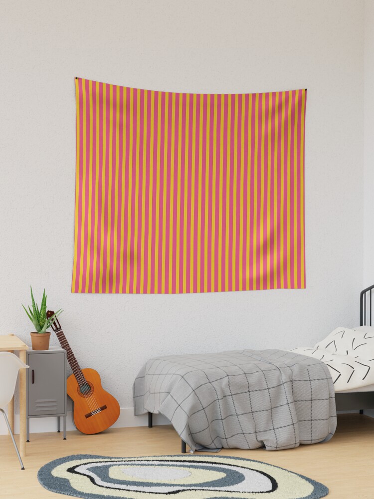 Tapestry, Geometric Maximalist Rainbow Fandango Pink And Daisy Daze Vertical Stripes designed and sold by Triplicate Limited