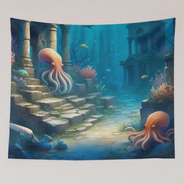 Item preview, Awesome Octopuses among old underwater ruins in rays of light. designed and sold by Andrey-Myagkov.