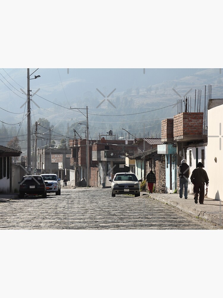 Daily life Guamote city street with people on sidewalk, brick buildings by kpander