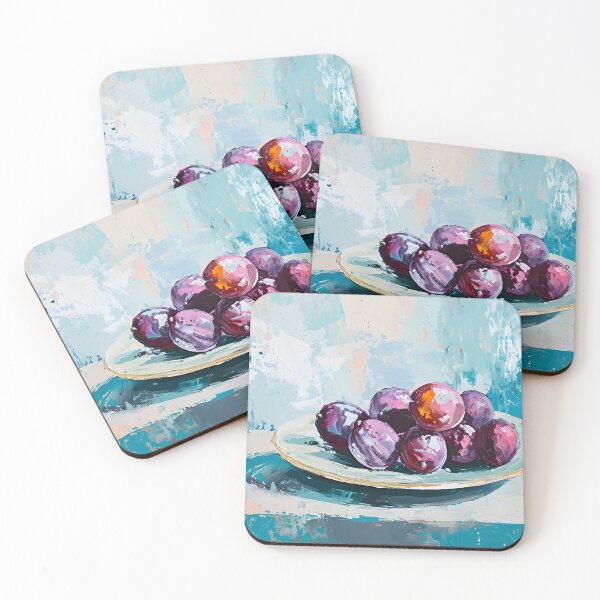 Item preview, Bold and Vibrant Plums on a Plate with Expressive Blue and White Backdrop Abstract Healthy Fruits Art designed and sold by OlfactoART Studio.