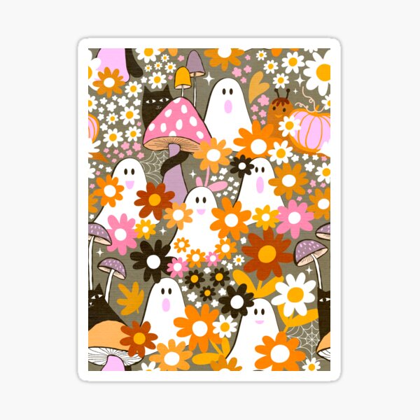 Whimsy Halloween Retro Cats and Ghosts Cottagecore Garden Party - Orange Kaki Sticker