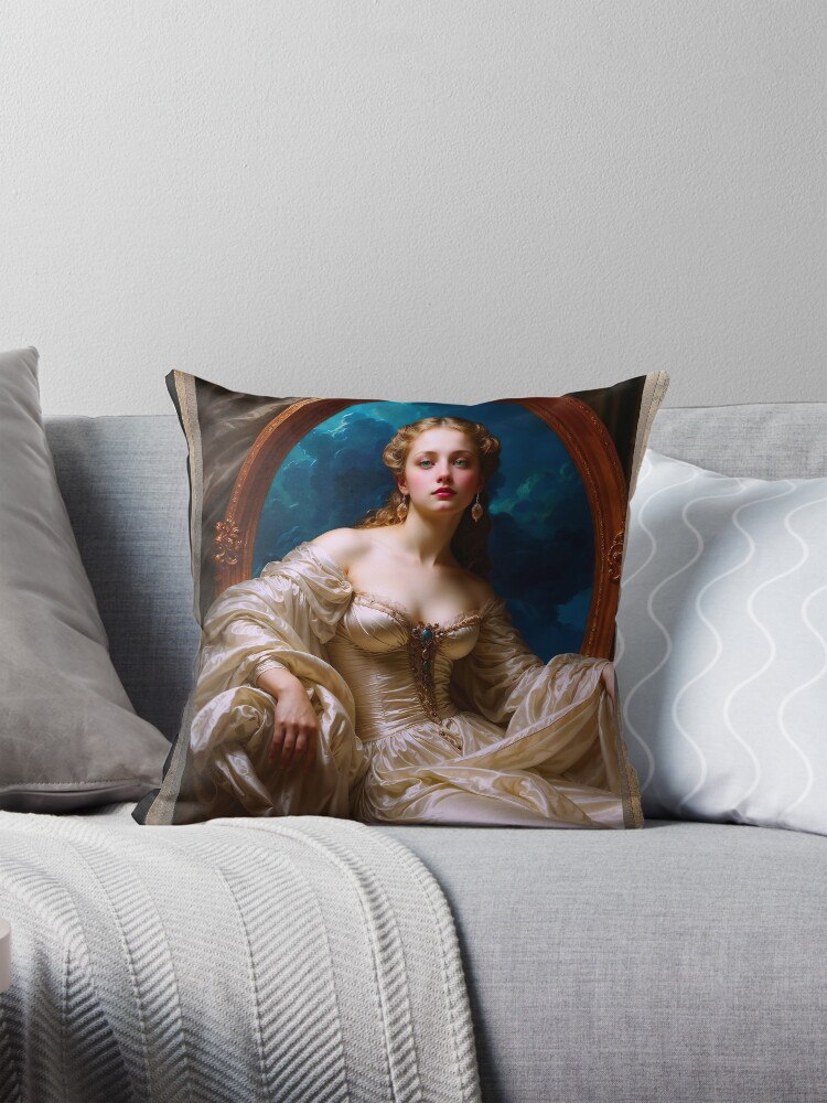 An Elegant Regal Woman In A Luxurious Satin Gown Stunning AI Concept Art by Xzendor7 Decorative Portrait Art Print Throw Pillow