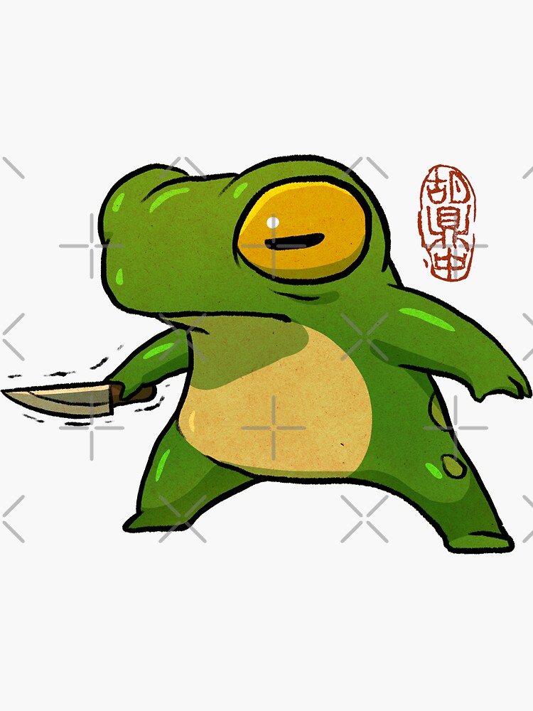 Thumbnail 3 of 3, Sticker, knife wielding stabby gremlin frog artwork asian style designed and sold by DingHuArt.