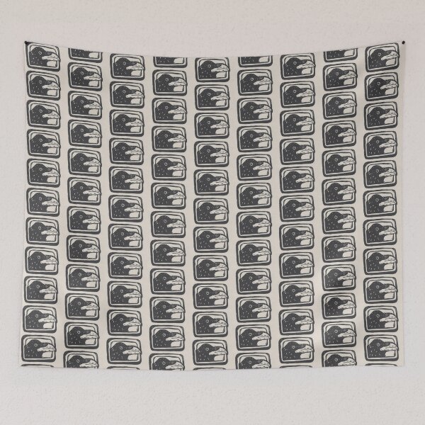 Item preview, black raven linocut print with gray background designed and sold by CrittersByLola.