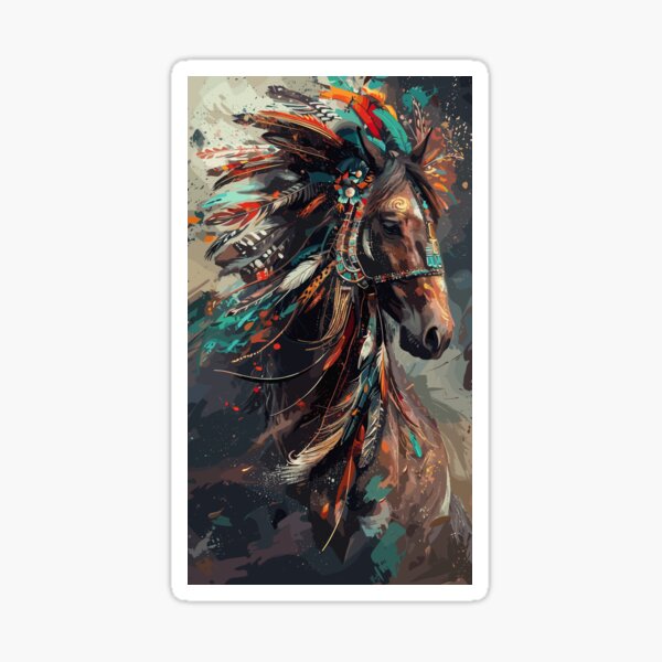 Item preview, painting of a horse with a colorful headdress and feathers  designed and sold by Teemajestic.