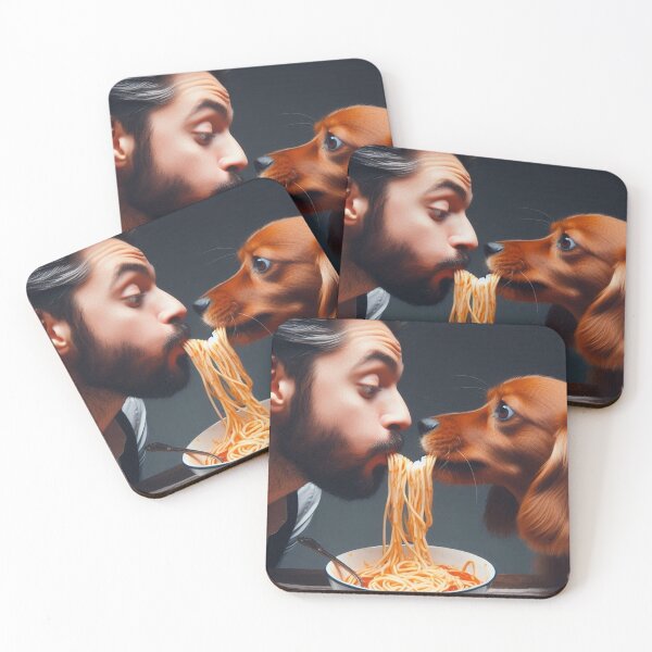 Item preview, Man and dog almost kiss over dinner designed and sold by PetPaletteCards.