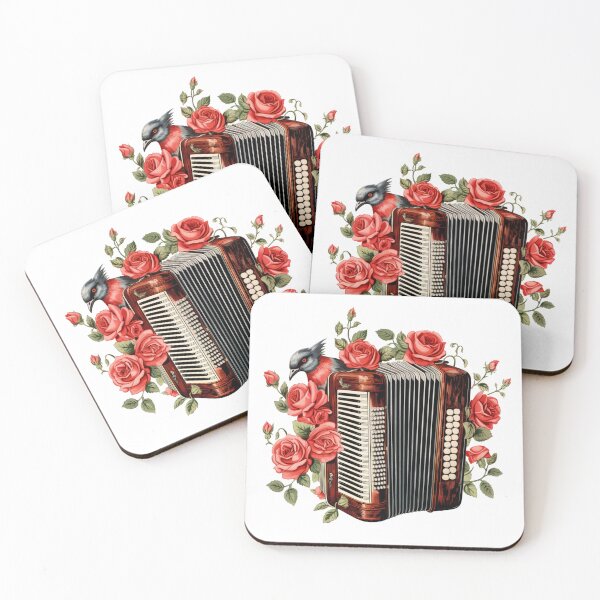 Item preview, Vintage accordion art with red roses and a bird designed and sold by EmeraldMusic.
