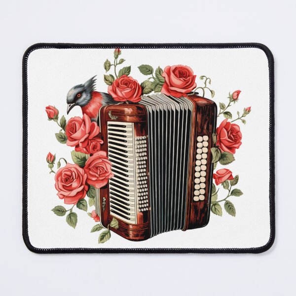 Item preview, Vintage accordion art with red roses and a bird designed and sold by EmeraldMusic.