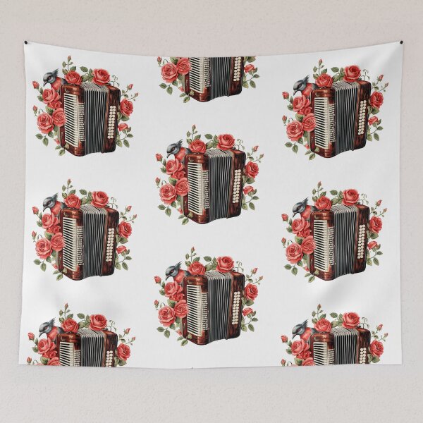 Item preview, Vintage accordion art with red roses and a bird designed and sold by EmeraldMusic.