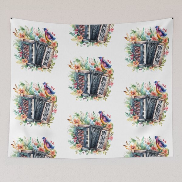Item preview, vintage accordion watercolor with a bird designed and sold by EmeraldMusic.