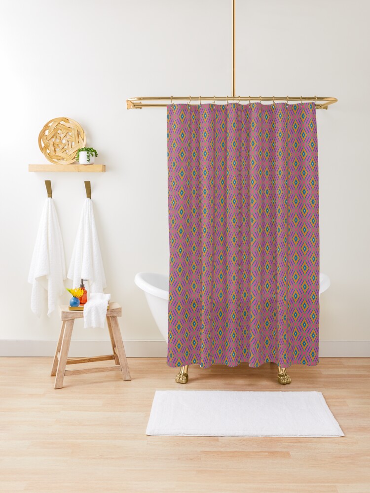 Shower Curtain, Geometric Maximalist Rainbow Colorful Diamond Lattice designed and sold by Triplicate Limited
