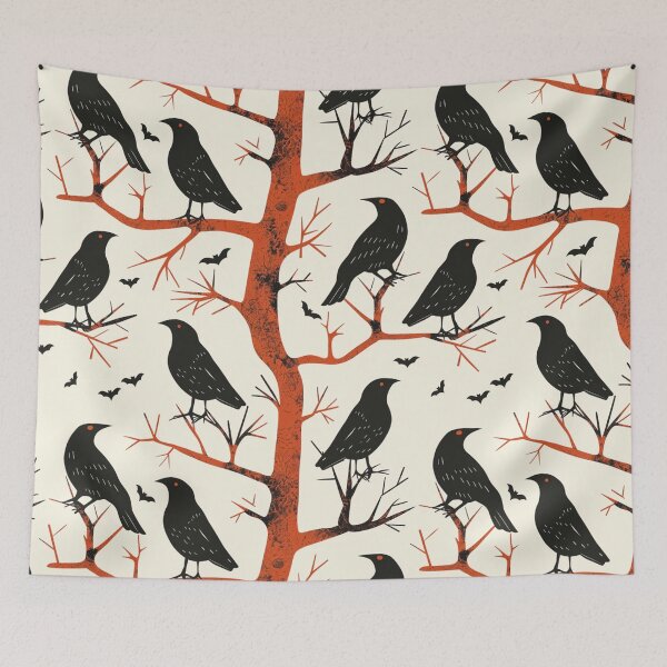 Item preview, Black Ravens and Bats on a Red Bare Tree Halloween Pattern Large designed and sold by AgathaZolastore.