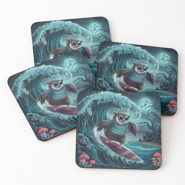 Item preview, "BLACK OWL SURFING "  FUNNY OWL ON SURFBOARD  WITH BLACK SEA BACKGROUND  designed and sold by Obinne.