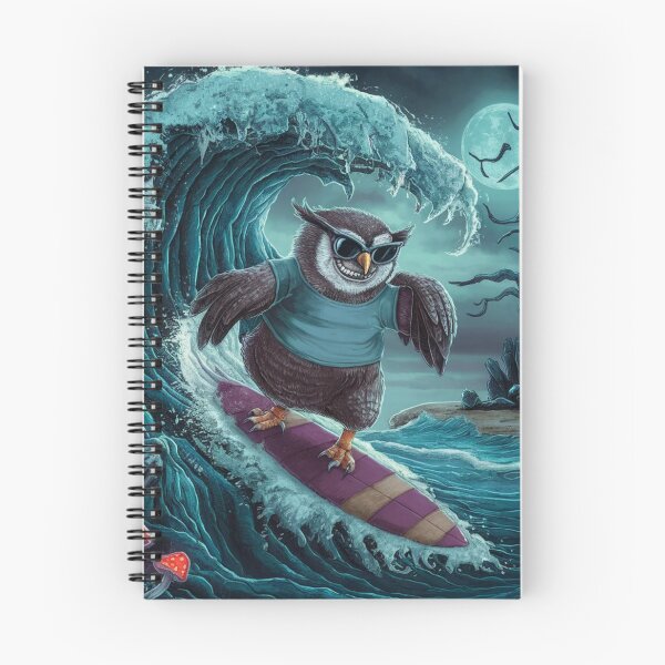 Item preview, "BLACK OWL SURFING "  FUNNY OWL ON SURFBOARD  WITH BLACK SEA BACKGROUND  designed and sold by Obinne.