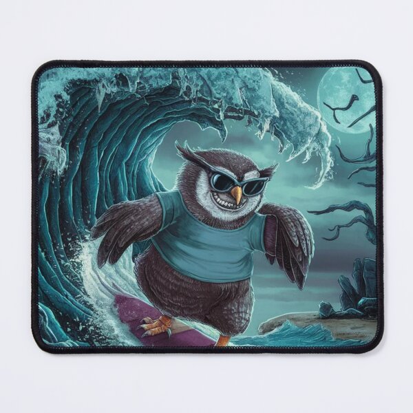 Item preview, "BLACK OWL SURFING "  FUNNY OWL ON SURFBOARD  WITH BLACK SEA BACKGROUND  designed and sold by Obinne.