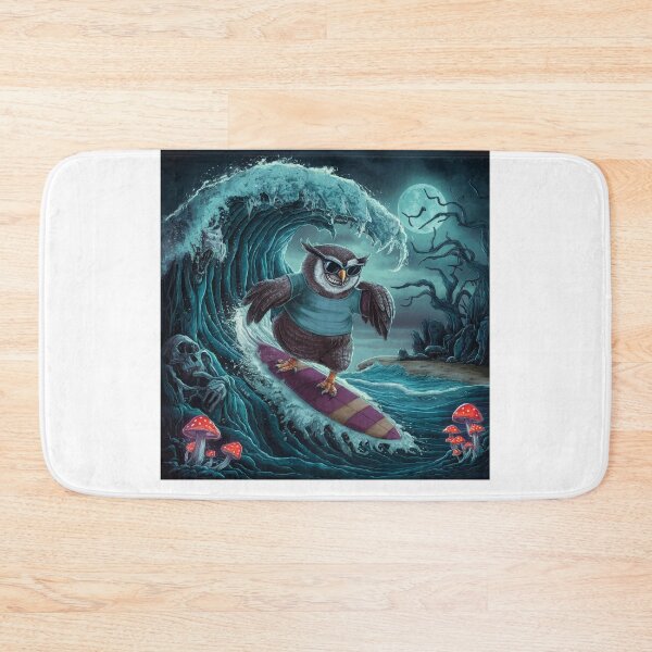 Item preview, "BLACK OWL SURFING " FUNNY OWL ON SURFBOARD WITH BLACK SEA BACKGROUND designed and sold by Obinne.