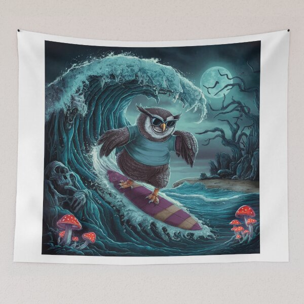 Item preview, "BLACK OWL SURFING "  FUNNY OWL ON SURFBOARD  WITH BLACK SEA BACKGROUND  designed and sold by Obinne.