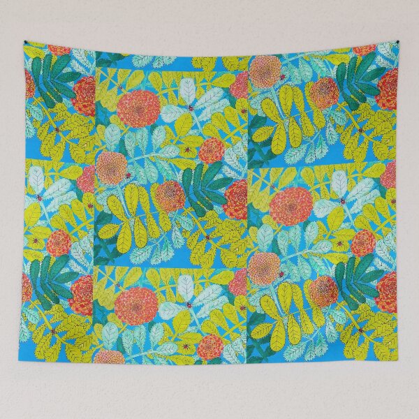 Item preview, Ladybirds in the marigolds blue background designed and sold by craft4pellucid.