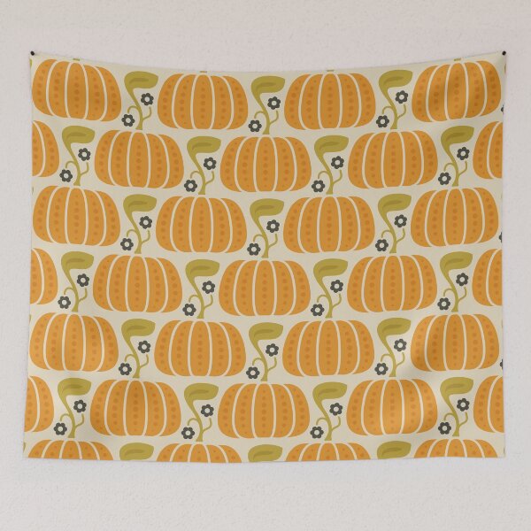 Item preview, KF 0253 D - Vintage Retro Pumpkin 70s Floral Pattern in Orange Green Cream designed and sold by KhakiFinch.