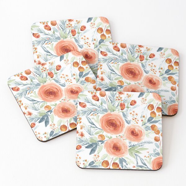 Item preview, Watercolor coral cabbage roses designed and sold by Linda Peterson.