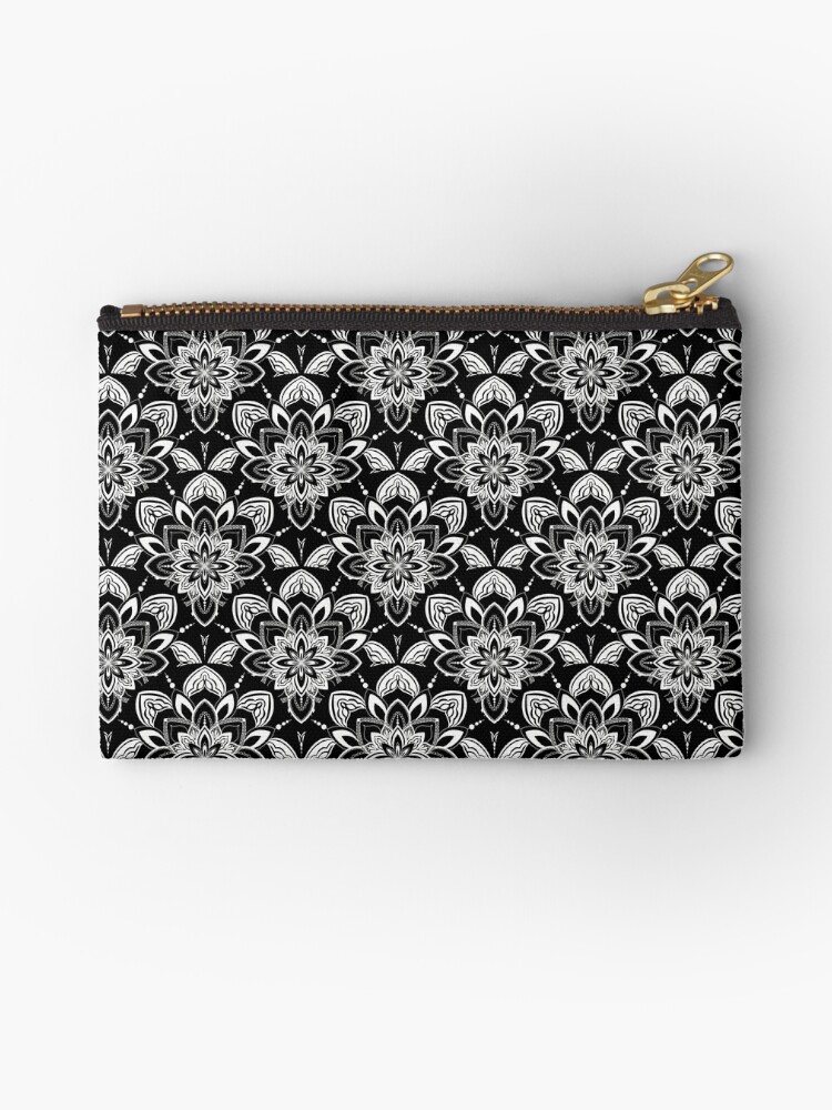 Zipper Pouch, Dreamcatcher Monochrome Mandala Art Deco Scallop designed and sold by Triplicate Limited