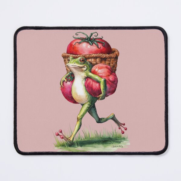 Item preview, frog carrying a large tomato under one arm while balancing another tomato on its back in a woven basket designed and sold by 123ks.